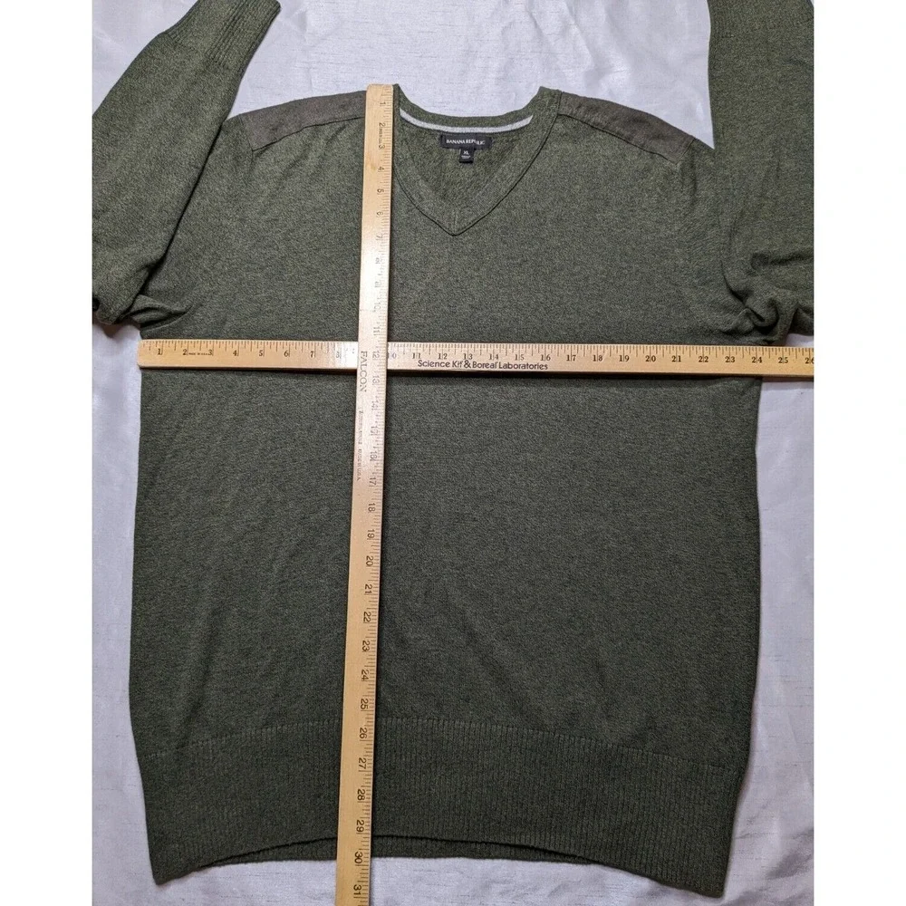 BANANA REPUBLIC Men Large Green Heather‎ Cotton V-Neck Military Sweater EUC